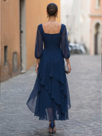 Chiffon Square Neck High-Low A-Line Midi Dress