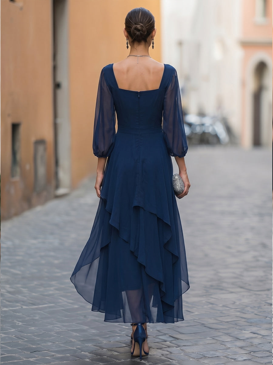 Chiffon Square Neck High-Low A-Line Midi Dress