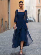 Chiffon Square Neck High-Low A-Line Midi Dress