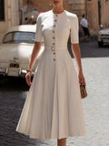 Vintage-Inspired Crepe Midi Dress With Button Front & Belted Waist