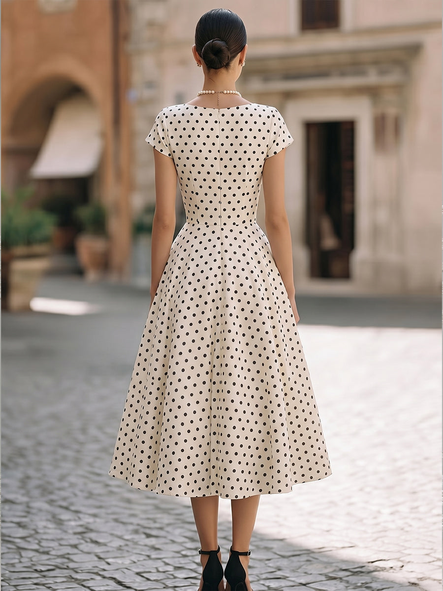 Vintage-Inspired Polka Dot Fit-and-Flare Midi Dress