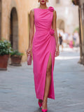 Sleeveless Asymmetrical Floral Accent Evening Gown