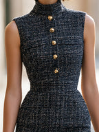 Sleeveless Gold-Button Tweed Sheath Dress
