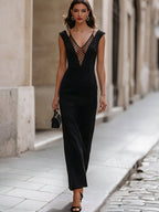 V-Neck Mesh Panel Evening Gown