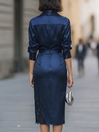 Satin Wrap Blouse & Lace-Trim Midi Skirt Set