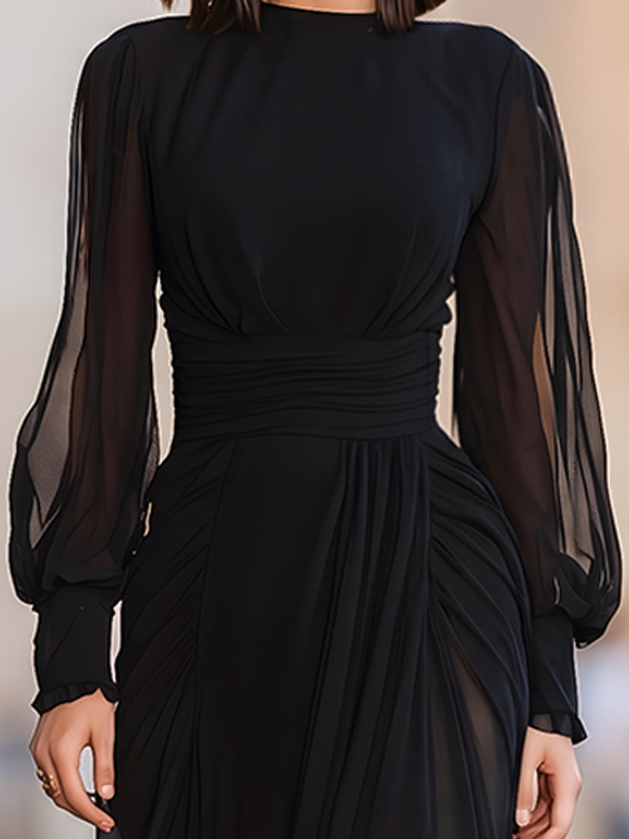 Long-Sleeve Sheer Pleated Evening Gown With High Slit