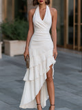 Halter Neck Pleated Asymmetric Maxi Dress