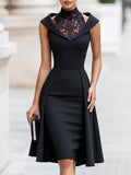 Sleeveless High Lace Neck Satin Midi Dress