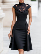 Sleeveless High Lace Neck Satin Midi Dress