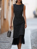 Sleeveless Tweed Midi Dress With Sheer Tulle Hem