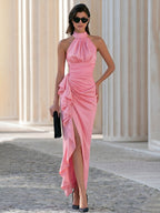 Elegant Ruched Halter Neck Evening Gown
