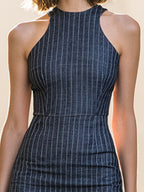 Pinstripe Halter Neck Sheath Midi Dress