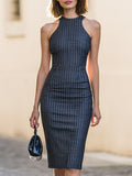 Pinstripe Halter Neck Sheath Midi Dress