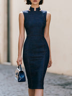 Sleeveless High-Neck Fitted Sheath Midi Dress