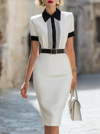 Collared Sheath Dress With Pinstriped Placket