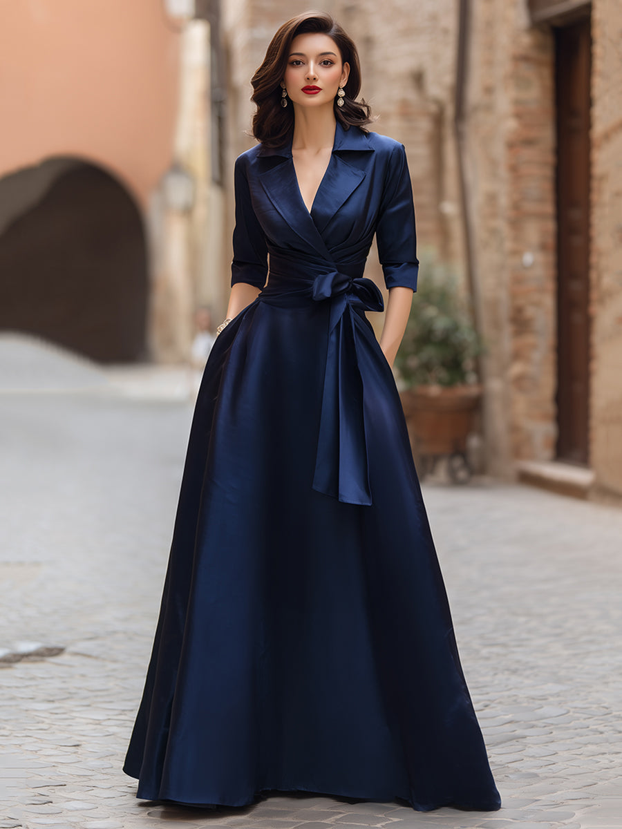 Lapel Collar Wrap Satin Maxi Dress With Side Tie