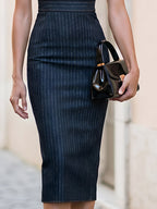 Sculpted High Neck Pinstripe Sheath Midi Dress