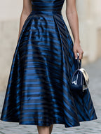 Elegant Draped Neckline Striped A-Line Midi Dress