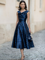 Elegant Draped Neckline Striped A-Line Midi Dress
