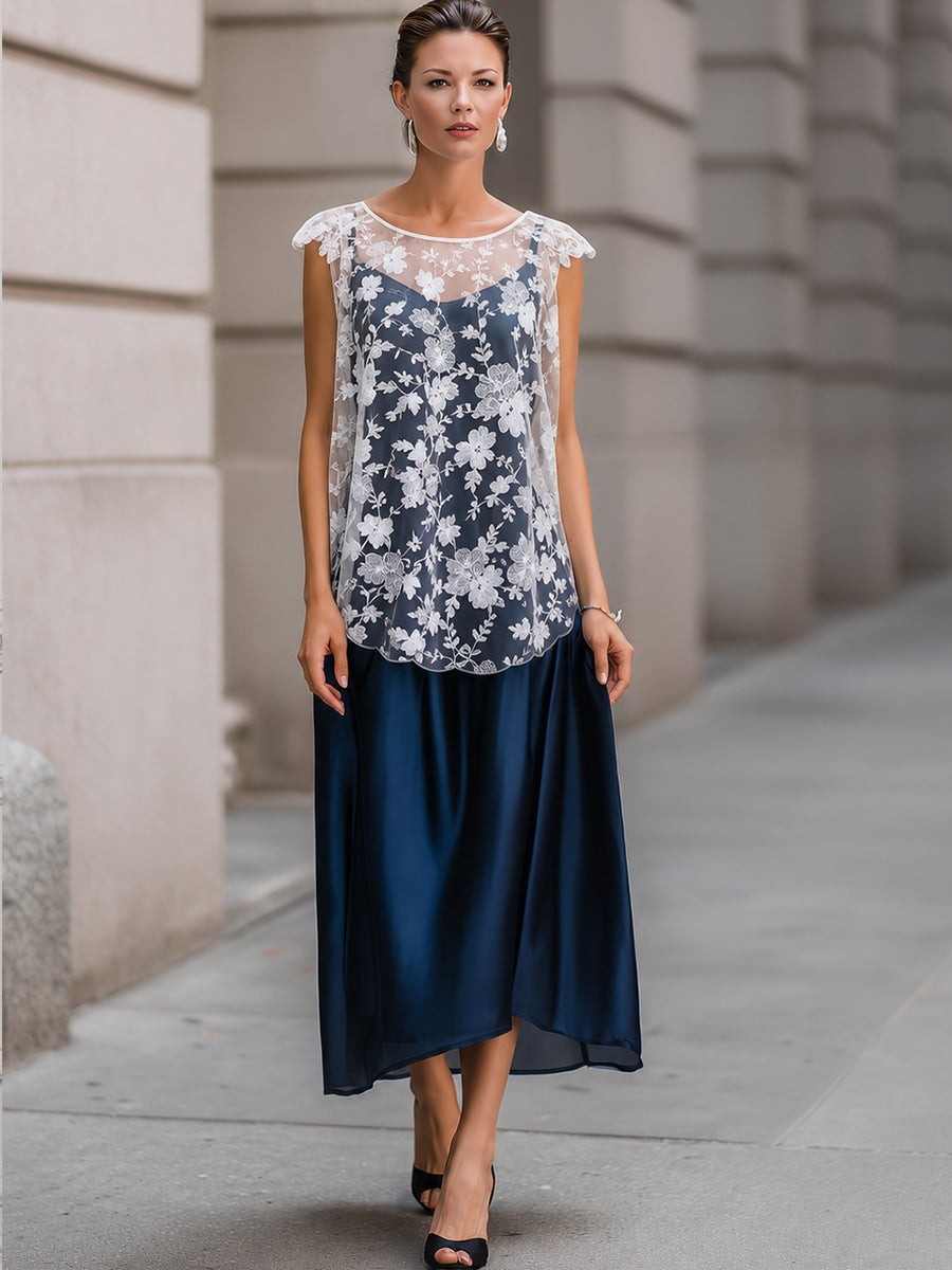 White Floral Lace Overlay Top & Navy Satin Midi Skirt Set
