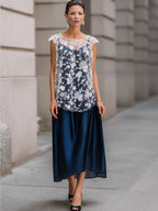 White Floral Lace Overlay Top & Navy Satin Midi Skirt Set
