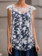 White Floral Lace Overlay Top & Navy Satin Midi Skirt Set