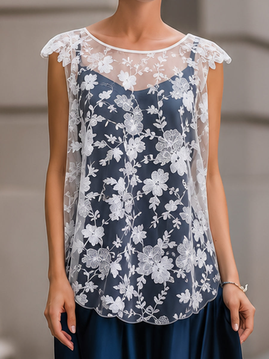 White Floral Lace Overlay Top & Navy Satin Midi Skirt Set