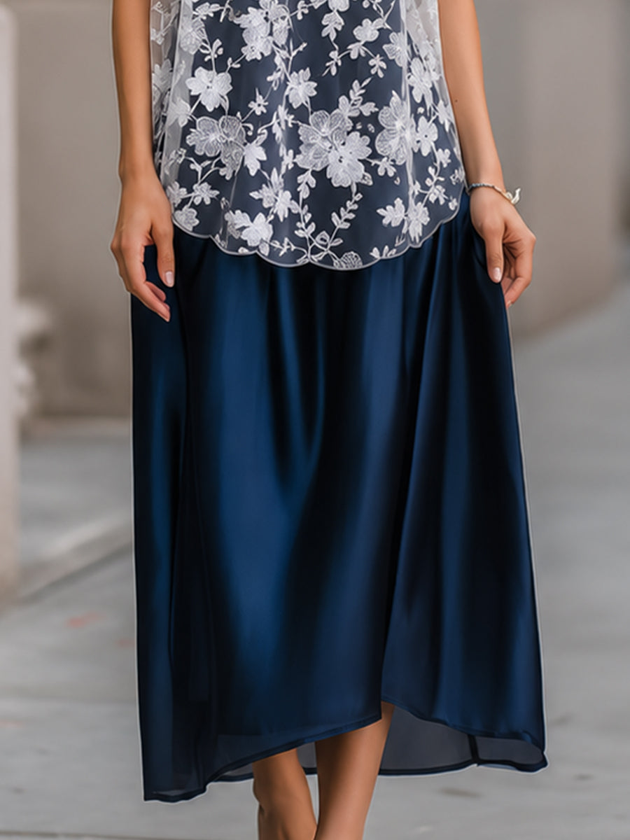 White Floral Lace Overlay Top & Navy Satin Midi Skirt Set