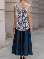 White Floral Lace Overlay Top & Navy Satin Midi Skirt Set