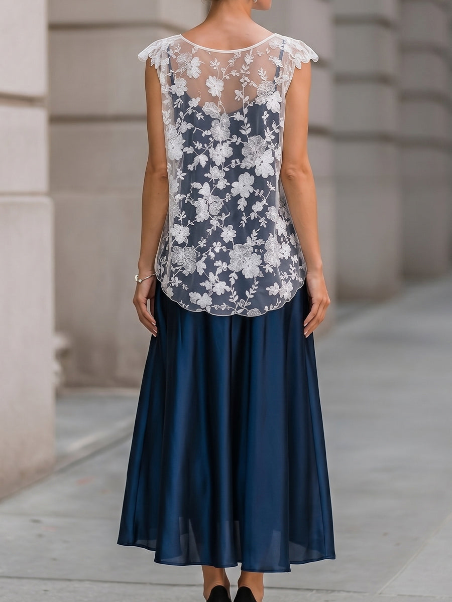 White Floral Lace Overlay Top & Navy Satin Midi Skirt Set