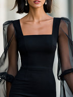 Square-Neck Sheath Dress With Sheer Puff Sleeves