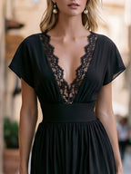 V-Neck Lace Trim Maxi Dress With Flutter Sleeves