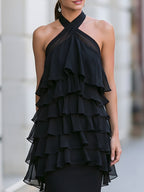 Halter-Neck Layered Ruffle Mermaid Maxi Dress