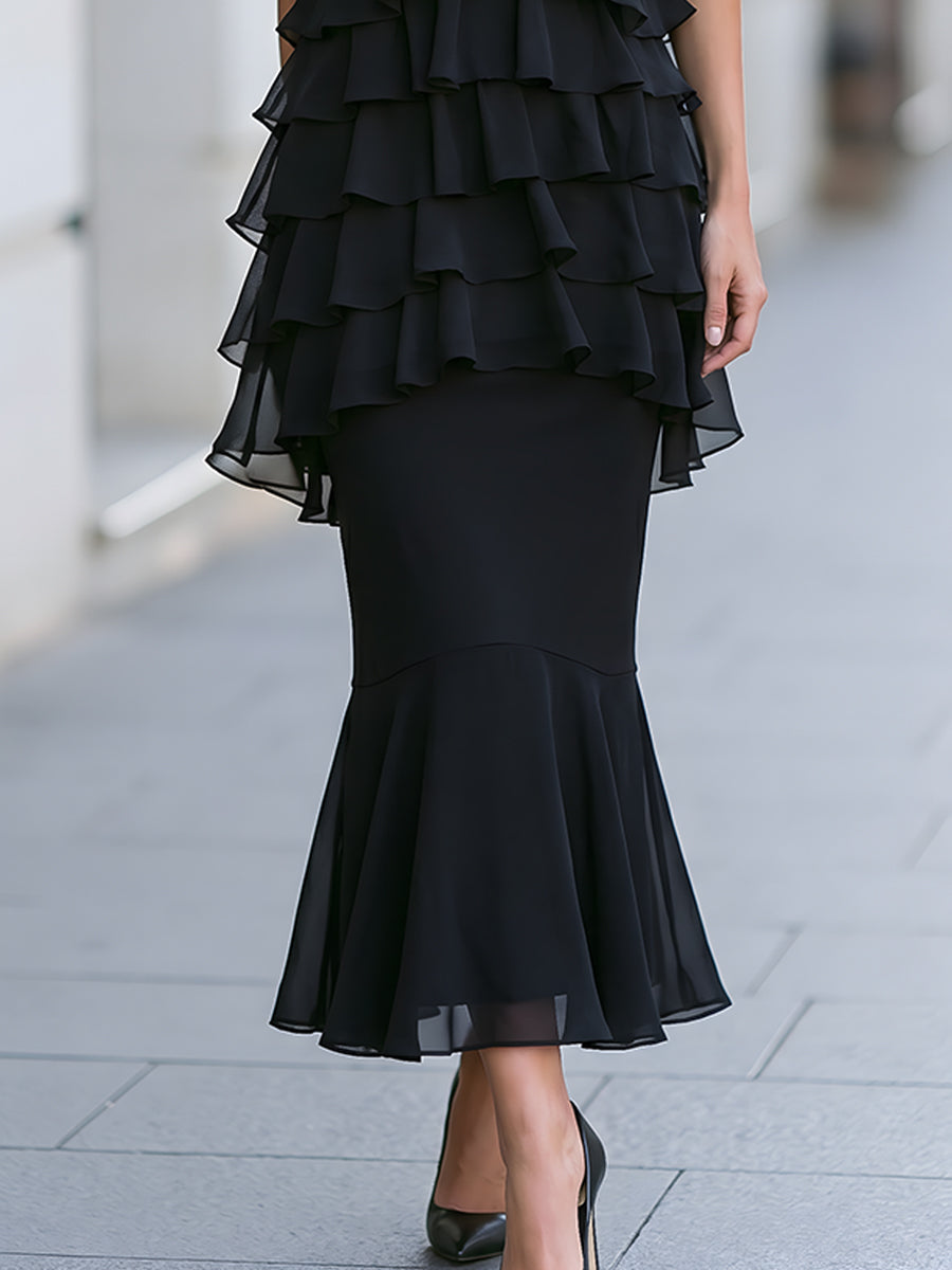 Halter-Neck Layered Ruffle Mermaid Maxi Dress