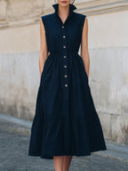Sleeveless Button-Down Collar Tiered Midi Dress