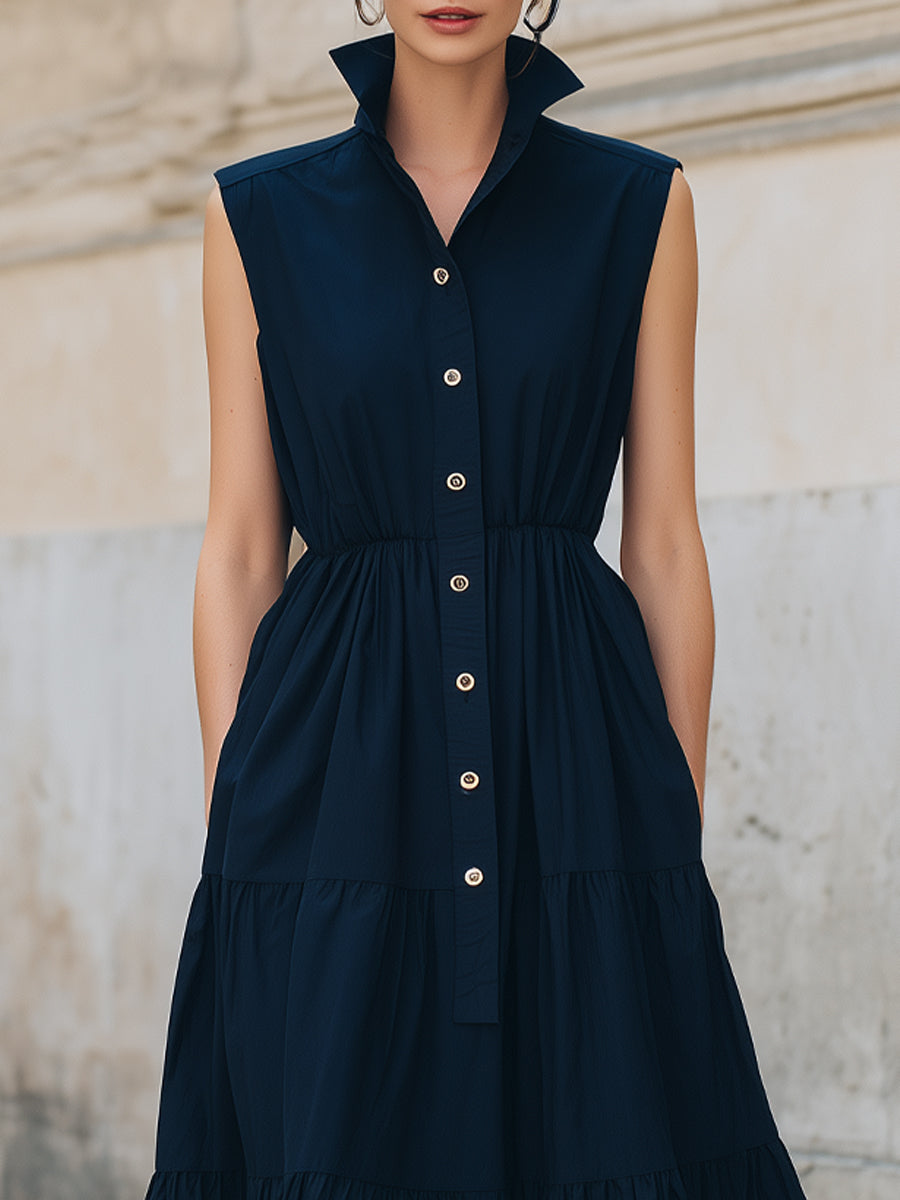 Sleeveless Button-Down Collar Tiered Midi Dress