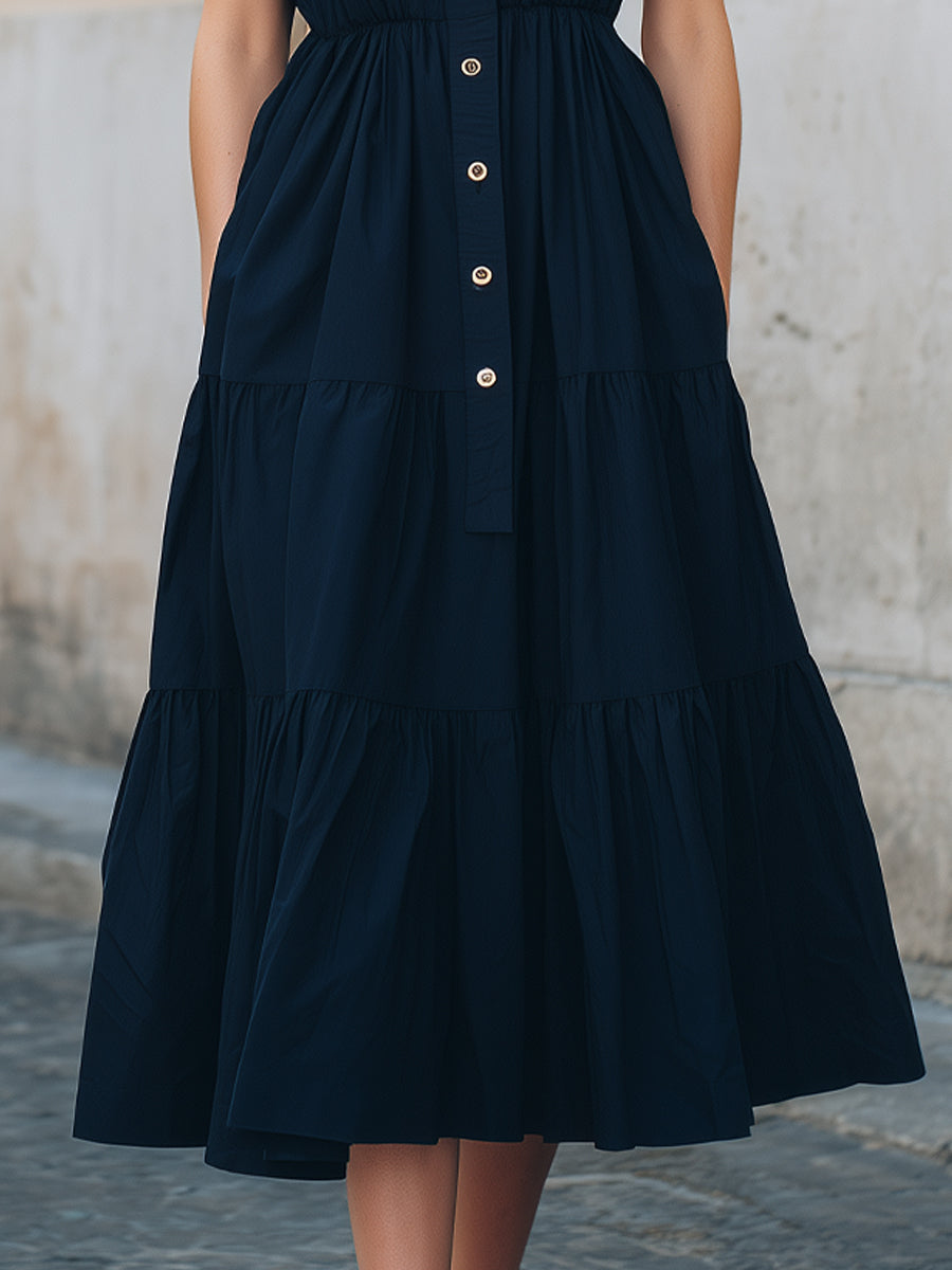 Sleeveless Button-Down Collar Tiered Midi Dress
