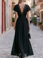 V-Neck Lace Trim Maxi Dress With Flutter Sleeves