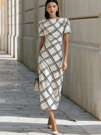 White & Black Plaid Puffed Sleeve Sheath Midi Dress