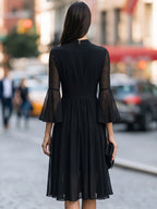 Elegant Sheer Lace Yoke Midi Dress With Flared Sleeves