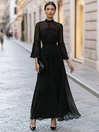 Elegant High-Neck Sheer Sleeve Chiffon Maxi Dress With Draped Waist