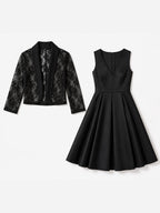 Satin V-Neck Midi Dress & Lace Sleeve Blazer Two-Piece Set