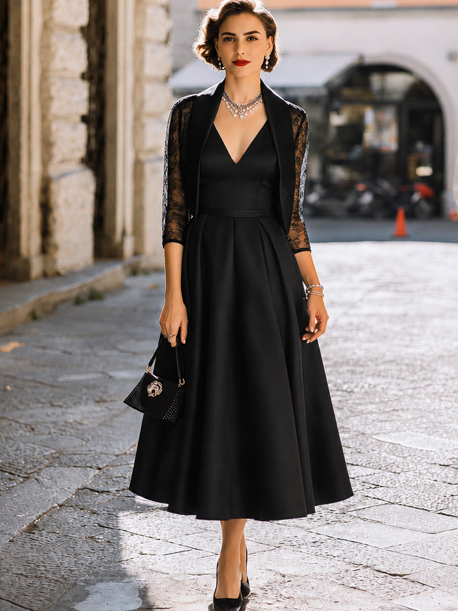 Satin V-Neck Midi Dress & Lace Sleeve Blazer Two-Piece Set