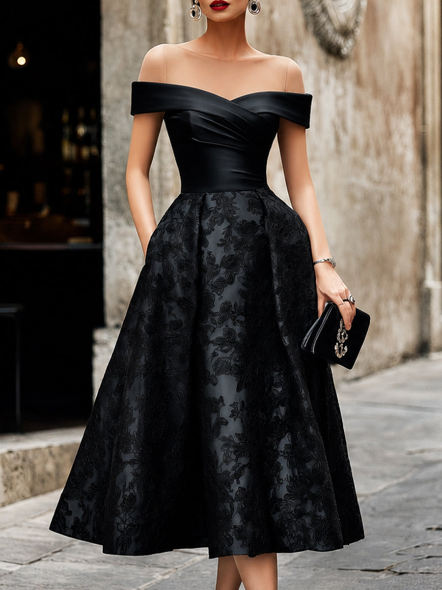 Elegant Off-the-Shoulder Wrap Bodice Floral Jacquard Formal Dress