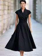 Notched Lapel Cap Sleeve Fit-and-Flare Midi Dress