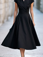Notched Lapel Cap Sleeve Fit-and-Flare Midi Dress