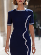 Wavy Striped Trim Short-Sleeve Knit Midi Dress