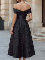 Vintage Jacquard Off-the-Shoulder Bow Formal Midi Gown