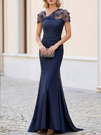 Floral Appliqué Sheer Cape Mermaid Evening Gown