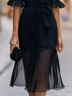 Elegant Pleated Sheer Shirt Midi Dress